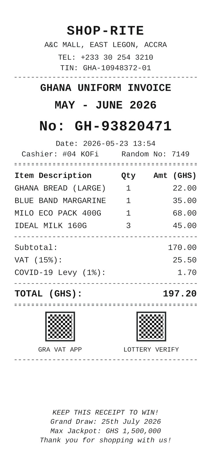 Sample Ghana Uniform Invoice receipt